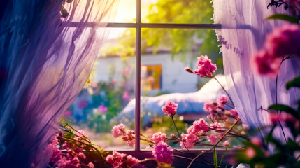 Wall Mural - Window that has bunch of pink flowers in front of window.