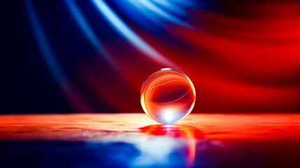 Sticker - Blurry photo of glass ball on wooden table with red and blue background.