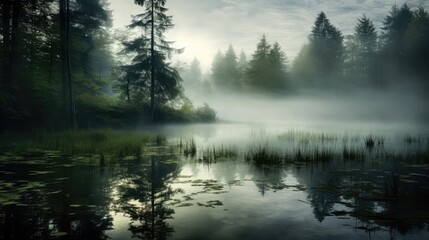 Wall Mural - nature reflection plant fog landscape illustration tree water, sky natural, lake mist nature reflection plant fog landscape