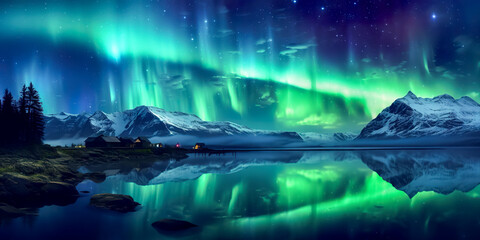 Wall Mural - aurora borealis on the norway. green northern lights above mountains. night sky with polar lights. n