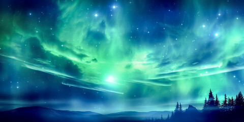 Wall Mural - Aurora borealis on the Norway. Green northern lights above mountains. Night sky with polar lights. Night winter landscape with aurora and reflection on the water surface. Natural back