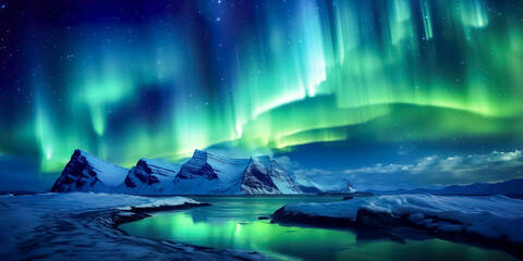 Wall Mural - aurora borealis on the norway. green northern lights above mountains. night sky with polar lights. n