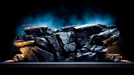 Pile of black rocks sitting on top of black floor next to black wall.