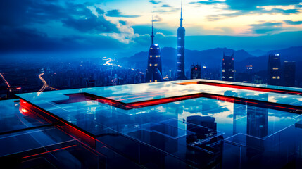 Sticker - View of city at night from rooftop with glass table.