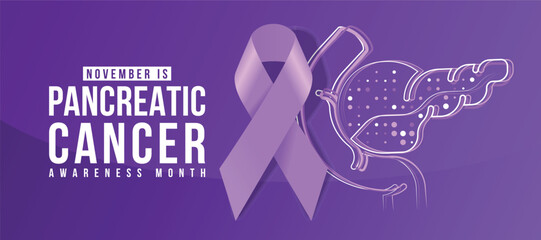 Wall Mural - November, Pancreatic cancer awareness month - purple ribbon awareness sign on abstract line and dot pancreatic sign on purple gradient background vector design