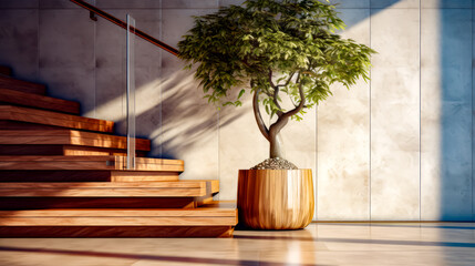 Wall Mural - Bonsai tree in wooden planter next to set of stairs.