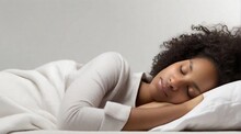Portrait Of A Black Female Sleeps Tight Against White Background With Space For Text, Generative AI, Background Image