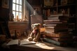 Old house room with book stack and teddy bear. Love classic decor learn. Generate Ai