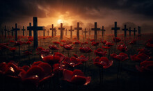 Soldiers Graves Marked With Crosses Stand In A Poppy Field. Remembrance Day Background