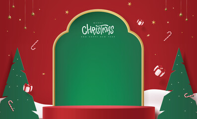 Wall Mural - Merry Christmas banner with product display cylindrical shape and festive decoration for christmas