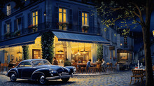 Street Of Europe At The Beginning Of The 20th Century. Street Cafe, Terrace In Summer. Oil Paint Effect.