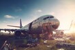 Ruined old airplane in sunny light. Dirty cockpit air wreck metal. Generate Ai