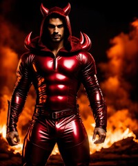 portrait of a person with a red devil. Portrait of a strong man in red latex costume over fire background.