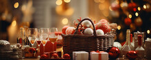 Christmas Gift Boxes And Christmas Balls In A Wicker Basket On A Wooden Table With Glasses And Wine Bottles Against Blurred Lights Background.