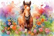 Adorable young horse in a watercolor artwork amidst colorful summer flowers. Generative AI