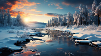 Wall Mural - panorama landscape with winter forest, mountains and river at sunset