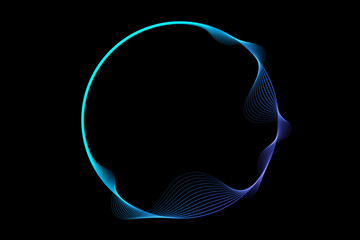 Poster - Abstract circle round frame by lines wavy flowing blue green gradient isolated on black background. Vector in concept modern, technology, science, music.