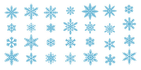 Wall Mural - Blue snowflake icon set, cute hand drawn snow illustration elements, doodles with round shapes.