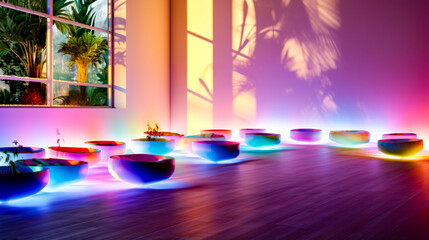 Wall Mural - Group of bowls sitting on top of wooden floor next to window.