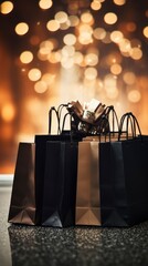 Wall Mural - Black shopping bags on blurred bokeh festive background banner