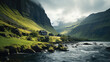 epic landscape with a river and green hills
