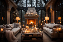 Luxury Christmas Living Room, Winter Mansion, Cozy Evening, Christmas Tree, Toned Colors, 