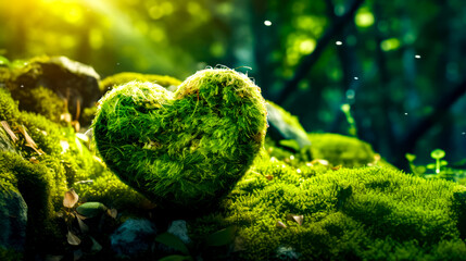 Sticker - Mossy heart shaped object sitting on top of bed of rocks.