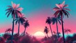 Outrun Synthwave style - 1990s retro aesthetic with palm trees and tropical sunset in pink and blue