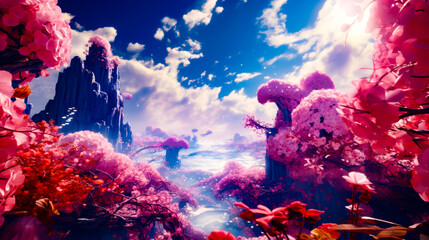 Sticker - Digital painting of fantasy landscape with pink flowers in the foreground and blue sky with clouds in the background.