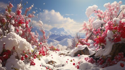 Sticker - landscape with snow and flowers