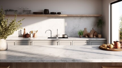 Interior of modern kitchen with white marble walls, concrete floor, white countertops and wooden cupboards