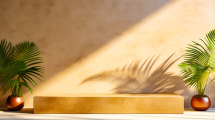 Wall Mural - Shadow of palm tree on wall and potted plant.