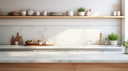Wall Mural - Interior of modern kitchen with white marble walls, concrete floor, white countertops and wooden cupboards
