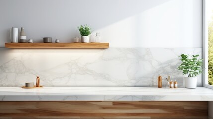 Wall Mural - Interior of modern kitchen with white marble walls, concrete floor, white countertops and wooden cupboards