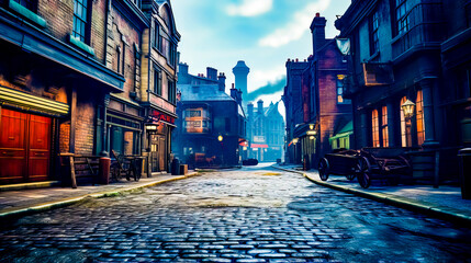 Cobblestone street with steam engine on the side of it.