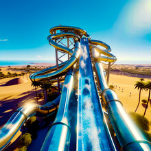 Water Slide In The Middle Of Desert With Palm Trees In The Background.