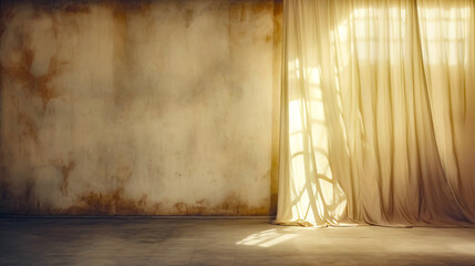 Wall Mural - Empty room with white curtain and light coming through the window.