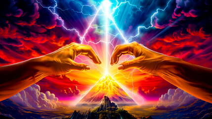 Wall Mural - Two hands reaching towards each other over mountain with lightning in the sky.