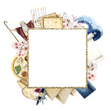 Square Passover Frame With Jewish Holiday Symbols Watercolor Illustration. Matzah Bread, Moses, Seder Plate, Flowers