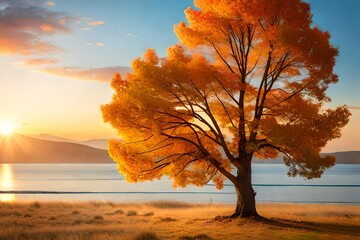 Poster - tree on the beach at sunset