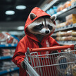 cute raccoon in human clothes chooses groceries in the store. Fashion trend, fantasy, funny animals.