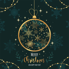 Merry christmas and happy new year greeting card with gold christmas ball. Poster, holiday cover. 