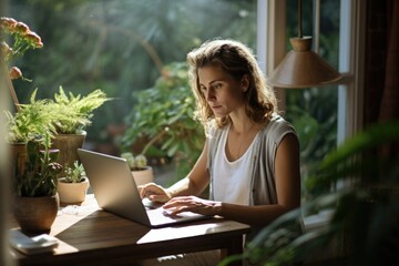 A woman sitting at a table using a laptop computer. Generative AI.