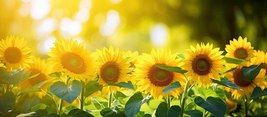 In the mesmerizing summer garden the vibrant green leaves and the beautiful yellow sunflowers with their delicate petals sway gracefully under the warm sun creating a stunning natural backgr