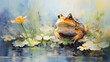 A watercolor painting of a frog sitting on a rock in a pond of water surrounded by flowers and grass with a blue sky background.