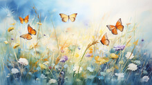 A Watercolor Painting Of A Field Of Flowers With Butterflies Flying Over Them And A Blue Sky In The Background With White And Yellow Flowers.