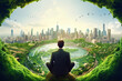 person looks at a utopia with green ecological landscape