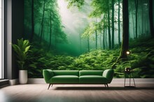 Einrichtungsidee Veranschaulicht Die Wirkung Von Fototapeten. Ein Grüner Sessel Steht Vor Einer Wand Mit Einer Wunderschönen Waldtapete Im Hintergrund.