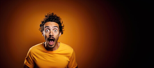 Wall Mural - surprised happy funny man with open mouth in orange background with copy space