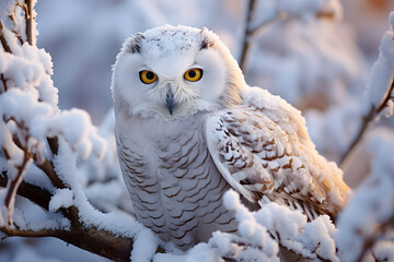 White snow owl with yellow eyes sitting in snow covered tree.